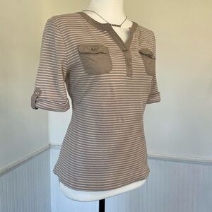 Croft & Barrow - Taupe White Striped Button Pocket Half Sleeve Henley Top